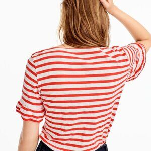 J. Crew White & Red Striped Short Sleeve Ruffle Tee